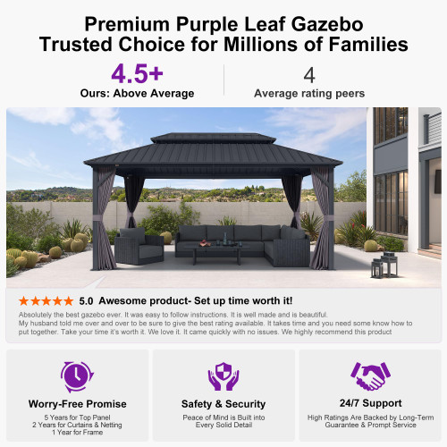 10'x16' Hardtop Gazebo with Lights Patio Outdoor Pavilion with Galvanized Steel Double Roof Includes Netting and Curtains for Garden Lawn Backyard Grey