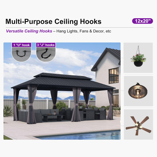 10'x20' Hardtop Gazebo with Lights Outdoor Pavilion Waterproof Double Roof Galvanized Steel for Patio and Garden Includes Netting and Curtains Grey