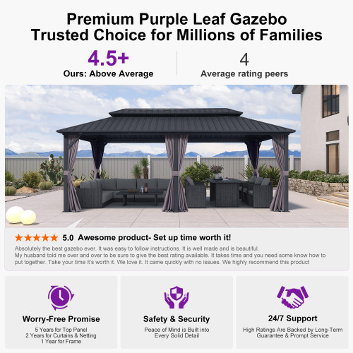 10'x20' Hardtop Gazebo with Lights Outdoor Pavilion Waterproof Double Roof Galvanized Steel for Patio and Garden Includes Netting and Curtains Grey