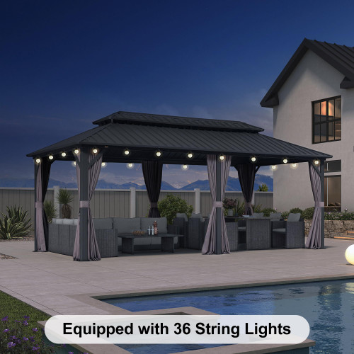 10'x20' Hardtop Gazebo with Lights Outdoor Pavilion Waterproof Double Roof Galvanized Steel for Patio and Garden Includes Netting and Curtains Grey