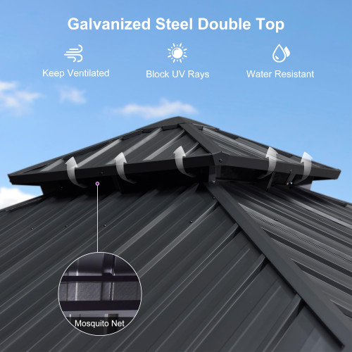 12'x12' Hardtop Gazebo with Lights Heavy-Duty Galvanized Steel Double Roof Outdoor Patio Gazebo Including Netting and Curtains for Garden Lawn Backyard Grey