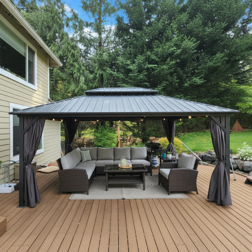 12'x16' Hardtop Gazebo with Lights Permanent Aluminum Double Roof on Galvanized Steel Frame Outdoor Patio Gazebo Including Netting and Curtains for Backyard Lawn Garden Grey