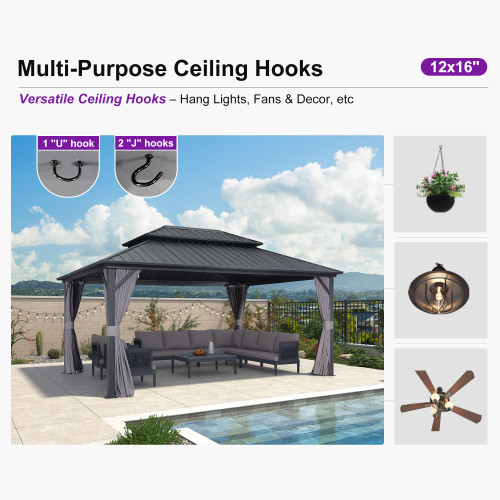 12'x16' Hardtop Gazebo with Lights Permanent Aluminum Double Roof on Galvanized Steel Frame Outdoor Patio Gazebo Including Netting and Curtains for Backyard Lawn Garden Grey