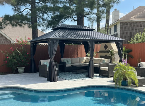 12'x18' Hardtop Gazebo with Lights Patio Outdoor Pavilion with Galvanized Steel Double Roof Includes Netting and Curtains for Garden Lawn Backyard Grey