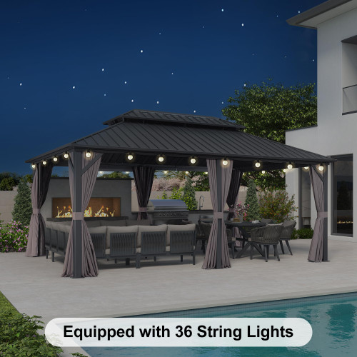 12'x18' Hardtop Gazebo with Lights Patio Outdoor Pavilion with Galvanized Steel Double Roof Includes Netting and Curtains for Garden Lawn Backyard Grey