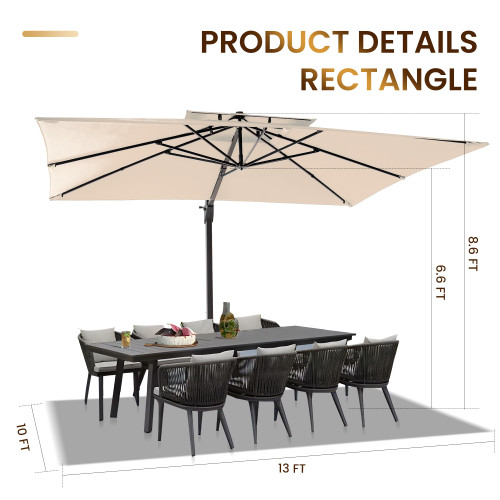 10 X 13 FT Cantilever Patio Umbrella with Base Included Outdoor Heavy Duty Double Top Windproof Rectangle Offset Umbrellas with 360-degree Rotation for Pool Deck Backyard, Beige