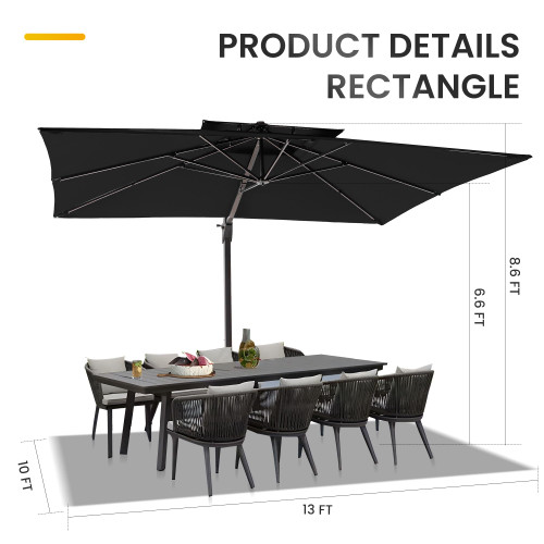 10 X 13 FT Cantilever Patio Umbrella with Base Included Outdoor Heavy Duty Double Top Windproof Rectangle Offset Umbrellas with 360-degree Rotation for Pool Deck Backyard, Black