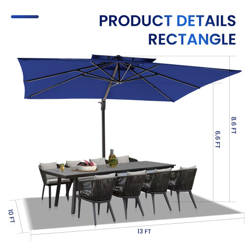 10 X 13 FT Cantilever Patio Umbrella Outdoor Heavy Duty Double Top Windproof Rectangle Offset Umbrellas with 360-degree Rotation for Pool Deck Backyard, Navy