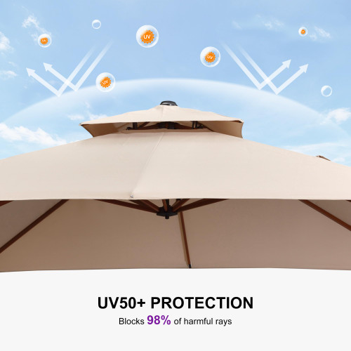 9' X 12' Double Top Deluxe Wood Pattern Rectangle Patio Umbrella Offset Hanging Umbrella Outdoor Market Umbrella Garden Umbrella, Beige