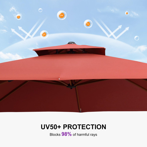 9' X 12' Double Top Deluxe Wood Pattern Rectangle Patio Umbrella Offset Hanging Umbrella Outdoor Market Umbrella Garden Umbrella, Brick Red