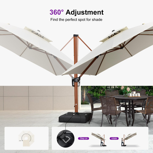 9' X 12' Double Top Deluxe Wood Pattern Rectangle Patio Umbrella Offset Hanging Umbrella Outdoor Market Umbrella Garden Umbrella, Cream