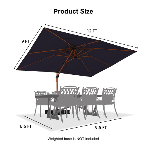 9' X 12' Double Top Deluxe Wood Pattern Rectangle Patio Umbrella Offset Hanging Umbrella Outdoor Market Umbrella Garden Umbrella, Navy Blue