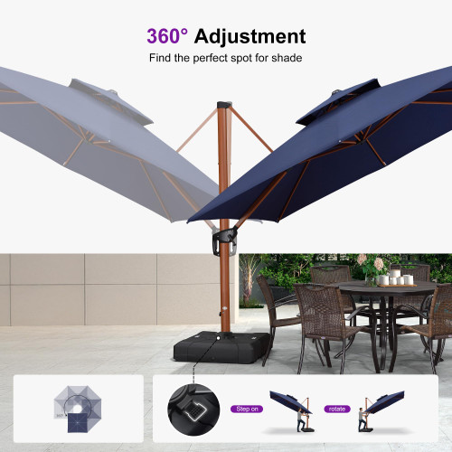 9' X 12' Double Top Deluxe Wood Pattern Rectangle Patio Umbrella Offset Hanging Umbrella Outdoor Market Umbrella Garden Umbrella, Navy Blue