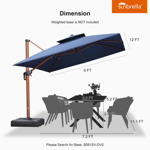Umbrella 9' X 12' Double Top Deluxe Rectangle Patio Umbrellas Offset Hanging Umbrellas Cantilever Umbrella, Spectrum Indigo
