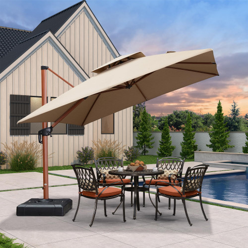 10 Feet Double Top Deluxe Wood Pattern Square Patio Umbrella Offset Hanging Umbrella Cantilever Umbrella,Outdoor Market Umbrella Garden Umbrella, Heather Beige