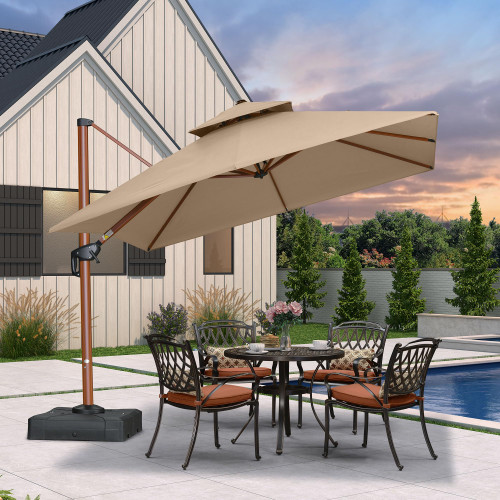 10' X 10' Patio Large Cantilever Umbrella Outdoor Round Wood Umbrellas Offset Umbrella Heavy Duty Sun Umbrellas for Garden Deck Pool, Deep Beige