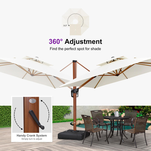 10' X 13' Double Top Deluxe Wood Pattern Rectangle Patio Umbrella Offset Hanging Umbrella Outdoor Market Umbrella Garden Umbrella, Cream