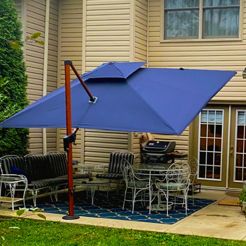 10' X 13' Double Top Deluxe Wood Pattern Rectangle Patio Umbrella Offset Hanging Umbrella Outdoor Market Umbrella Garden Umbrella, Navy Blue