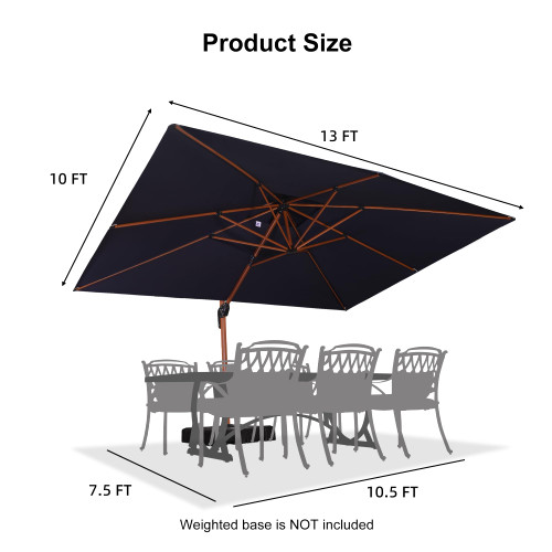 10' X 13' Double Top Deluxe Wood Pattern Rectangle Patio Umbrella Offset Hanging Umbrella Outdoor Market Umbrella Garden Umbrella, Navy Blue