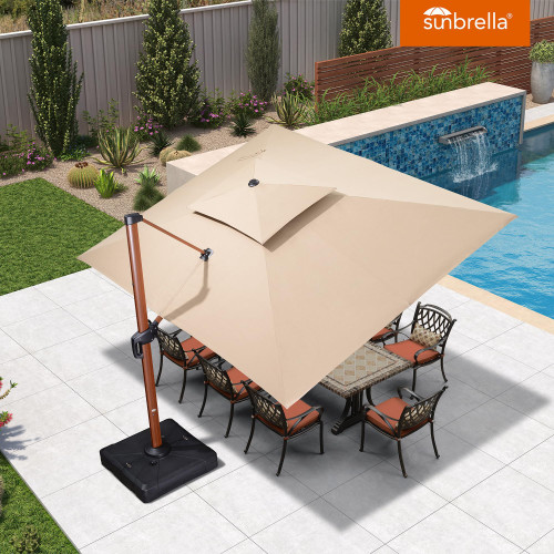 10' X 13' Double Top Deluxe Rectangle Patio Umbrella - Offset Hanging Cantilever Umbrellas in Heather Beige