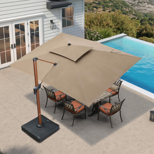 10' X 13' Patio Large Cantilever Umbrella Outdoor Round Wood Umbrellas Offset Umbrella Heavy Duty Sun Umbrellas for Garden Deck Pool, Deep Beige