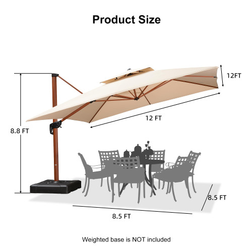 12ft Patio Umbrella Outdoor Square Umbrellas Large Cantilever Umbrella Windproof Offset Umbrellas Heavy Duty Sun Umbrella for Garden Deck Pool Patio, Beige