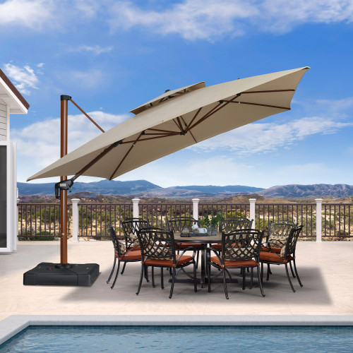 12' X 12' Patio Large Cantilever Umbrella Outdoor Square Wood Umbrellas Offset Umbrella Heavy Duty Sun Umbrellas for Garden Deck Pool, Deep Beige