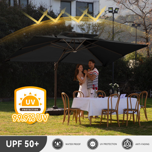 10 X 13 FT Cantilever Outdoor Patio Umbrella with Base Included Large Heavy Duty 360° Rotation Double Top Offset Rectangular Umbrellas with Led Lights for Backyard Outside Deck, Black