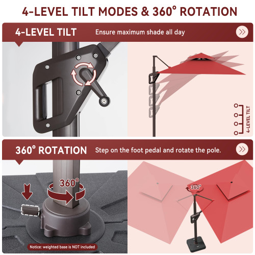 10 X 13 FT Cantilever Outdoor Patio Umbrella with Base Included with Led Lights Large 360° Rotation Double Top Offset Heavy Duty Rectangular Umbrellas for Backyard Outside Deck, Wine Red