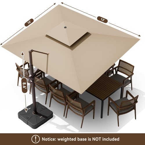 10 X 13 FT Cantilever Outdoor Patio Umbrella with Led Lights Large Heavy Duty 360° Rotation Double Top Offset Rectangular Umbrellas for Backyard Garden Pool Outside Deck, Beige
