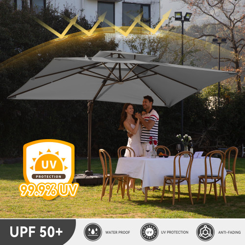 10 X 13 FT Cantilever Outdoor Patio Umbrella with Led Lights Large Heavy Duty 360° Rotation Double Top Offset Rectangular Umbrellas for Backyard Garden Pool Outside Deck, Grey