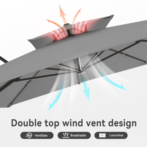 10 X 13 FT Cantilever Outdoor Patio Umbrella with Led Lights Large Heavy Duty 360° Rotation Double Top Offset Rectangular Umbrellas for Backyard Garden Pool Outside Deck, Grey