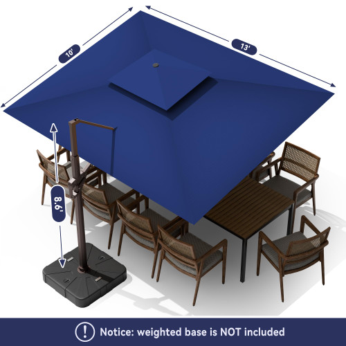 10 X 13 FT Cantilever Outdoor Patio Umbrella with Led Lights Large Heavy Duty 360° Rotation Double Top Offset Rectangular Umbrellas for Backyard Garden Pool Outside Deck, Navy