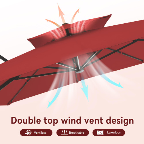 10 X 13 FT Cantilever Outdoor Patio Umbrella with Led Lights Large Heavy Duty 360° Rotation Double Top Offset Rectangular Umbrellas for Backyard Garden Pool Outside Deck, Red