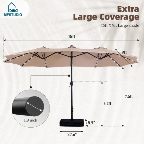 15ft Double Sided Patio Umbrella with Solar Lights, Outdoor Large Umbrellas with Crank Handle and 36 LED Lights, Rectangular Market Umbrella with Base Included for Deck Pool Shade, Beige