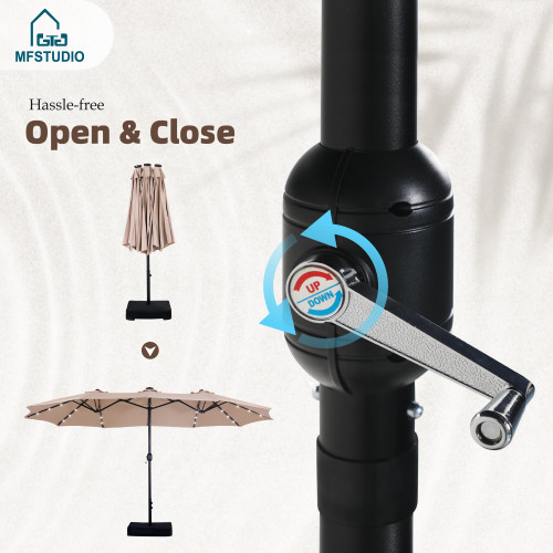 15ft Double Sided Patio Umbrella with Solar Lights, Outdoor Large Umbrellas with Crank Handle and 36 LED Lights, Rectangular Market Umbrella with Base Included for Deck Pool Shade, Beige