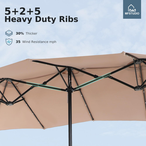15ft Double Sided Patio Umbrella with Solar Lights, Outdoor Large Umbrellas with Crank Handle and 36 LED Lights, Rectangular Market Umbrella with Base Included for Deck Pool Shade, Beige