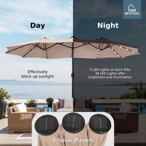 15ft Double Sided Patio Umbrella with Solar Lights, Outdoor Large Umbrellas with Crank Handle and 36 LED Lights, Rectangular Market Umbrella with Base Included for Deck Pool Shade, Beige