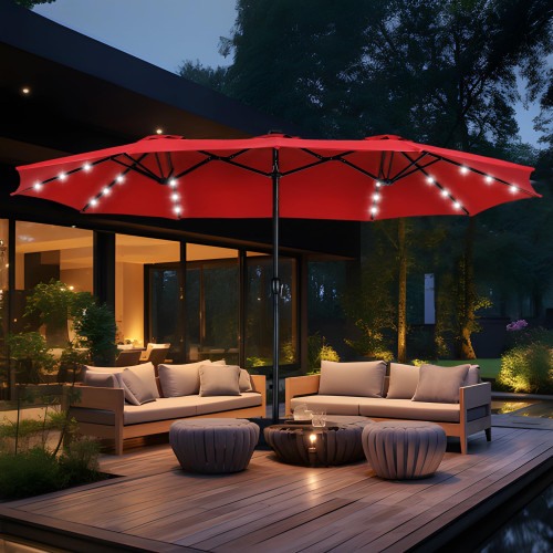 15ft Patio Umbrella with Solar Lights, Outdoor Large Rectangular Umbrellas with Base, Crank Handle and 36 LED Lights for Yard Deck Pool, Burgundy Red
