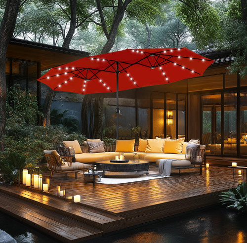 15ft Patio Umbrella with Solar Lights, Outdoor Large Rectangular Umbrellas with Base, Crank Handle and 36 LED Lights for Yard Deck Pool, Burgundy Red