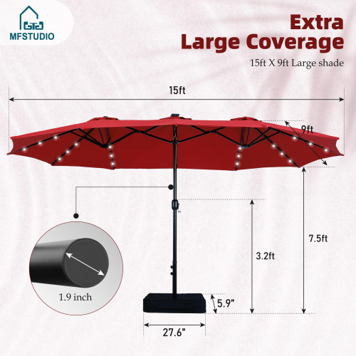 15ft Patio Umbrella with Solar Lights, Outdoor Large Rectangular Umbrellas with Base, Crank Handle and 36 LED Lights for Yard Deck Pool, Burgundy Red