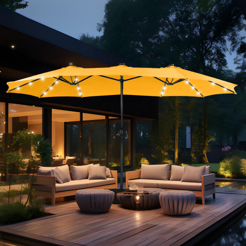 15ft Double Sided Patio Umbrella with Solar Lights, Outdoor Large Umbrellas with Crank Handle and 36 LED Lights, Rectangular Market Umbrella with Base Included for Deck Pool, Gold Yellow
