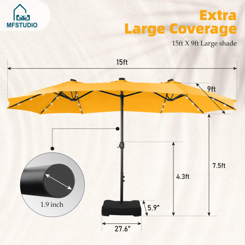 15ft Double Sided Patio Umbrella with Solar Lights, Outdoor Large Umbrellas with Crank Handle and 36 LED Lights, Rectangular Market Umbrella with Base Included for Deck Pool, Gold Yellow