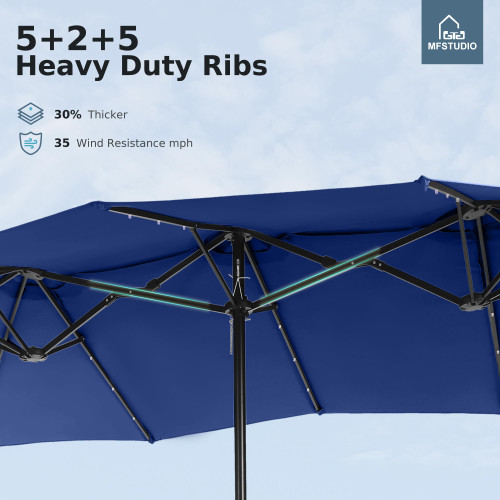 15ft Double Sided Patio Umbrella with Solar Lights, Outdoor Large Umbrellas with Crank Handle and 36 LED Lights, Rectangular Market Umbrella with Base Included for Deck Pool Shade, Haze Blue