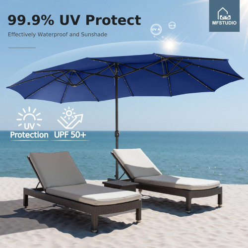 15ft Double Sided Patio Umbrella with Solar Lights, Outdoor Large Umbrellas with Crank Handle and 36 LED Lights, Rectangular Market Umbrella with Base Included for Deck Pool Shade, Haze Blue