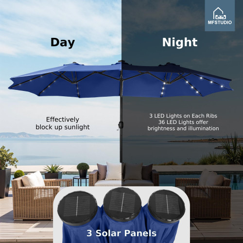 15ft Double Sided Patio Umbrella with Solar Lights, Outdoor Large Umbrellas with Crank Handle and 36 LED Lights, Rectangular Market Umbrella with Base Included for Deck Pool Shade, Haze Blue