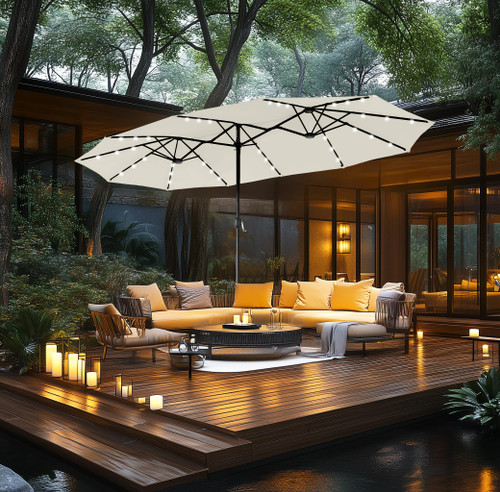 15ft Double Sided Patio Umbrella with Solar Lights, Outdoor Large Umbrellas with Crank Handle and 36 LED Lights, Rectangular Market Umbrella with Base Included for Deck Pool Shade, Ivory