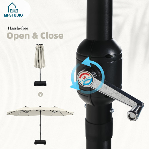 15ft Double Sided Patio Umbrella with Solar Lights, Outdoor Large Umbrellas with Crank Handle and 36 LED Lights, Rectangular Market Umbrella with Base Included for Deck Pool Shade, Ivory