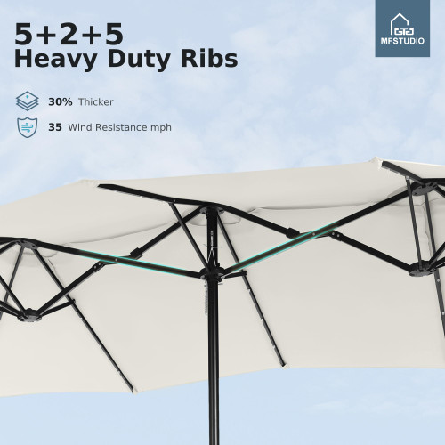 15ft Double Sided Patio Umbrella with Solar Lights, Outdoor Large Umbrellas with Crank Handle and 36 LED Lights, Rectangular Market Umbrella with Base Included for Deck Pool Shade, Ivory