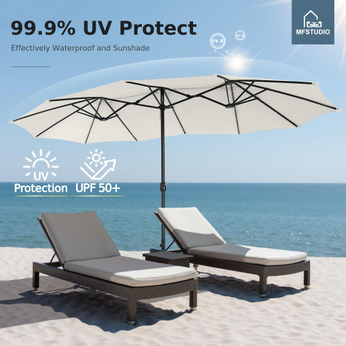 15ft Double Sided Patio Umbrella with Solar Lights, Outdoor Large Umbrellas with Crank Handle and 36 LED Lights, Rectangular Market Umbrella with Base Included for Deck Pool Shade, Ivory